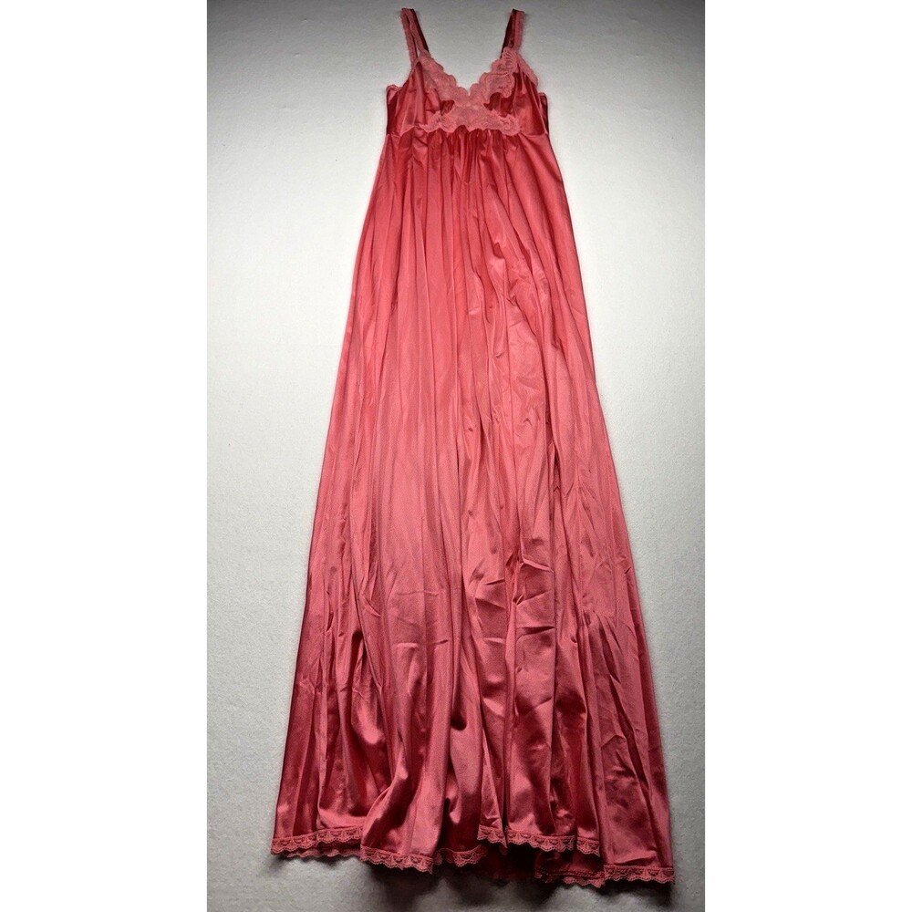 Miss Elaine Satin Nightgown & Robe Set Pink Coral Lace USA Peignoir Vintage